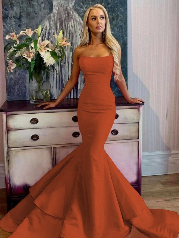 Defined Shine Mermaid Satin Ruffles Strapless Sleeveless Sweep/Brush Train Prom Dress