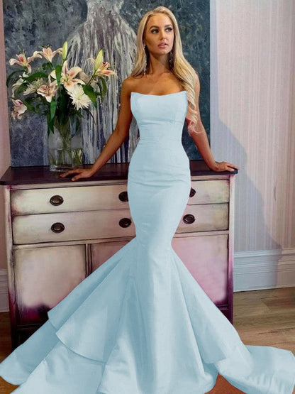 Defined Shine Mermaid Satin Ruffles Strapless Sleeveless Sweep/Brush Train Prom Dress
