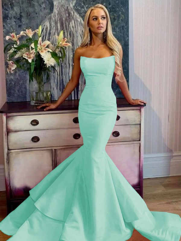 Defined Shine Mermaid Satin Ruffles Strapless Sleeveless Sweep/Brush Train Prom Dress