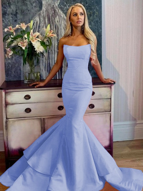 Defined Shine Mermaid Satin Ruffles Strapless Sleeveless Sweep/Brush Train Prom Dress