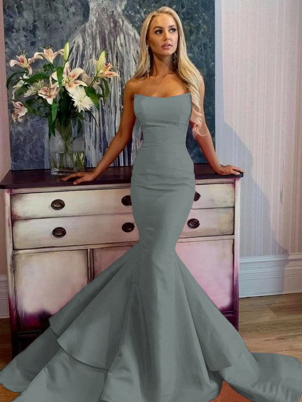 Defined Shine Mermaid Satin Ruffles Strapless Sleeveless Sweep/Brush Train Prom Dress