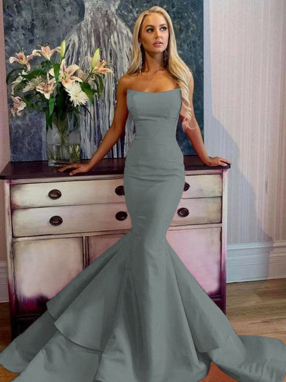 Defined Shine Mermaid Satin Ruffles Strapless Sleeveless Sweep/Brush Train Prom Dress
