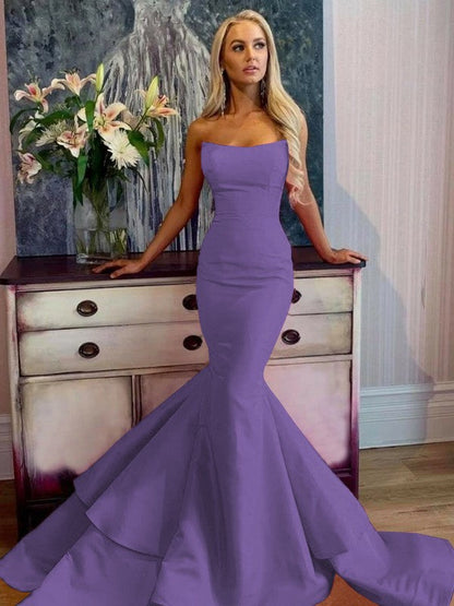 Defined Shine Mermaid Satin Ruffles Strapless Sleeveless Sweep/Brush Train Prom Dress