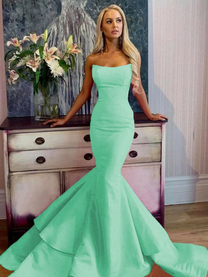 Defined Shine Mermaid Satin Ruffles Strapless Sleeveless Sweep/Brush Train Prom Dress