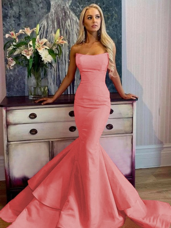 Defined Shine Mermaid Satin Ruffles Strapless Sleeveless Sweep/Brush Train Prom Dress