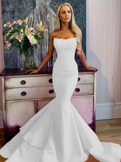 Defined Shine Mermaid Satin Ruffles Strapless Sleeveless Sweep/Brush Train Prom Dress