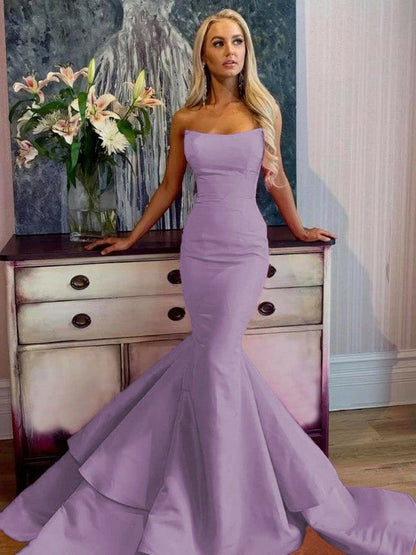 Defined Shine Mermaid Satin Ruffles Strapless Sleeveless Sweep/Brush Train Prom Dress
