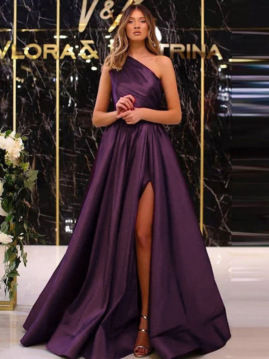 Pretty Looks A-Line Satin Ruffles One-Shoulder Sleeveless Sweep/Brush Train Prom Dress
