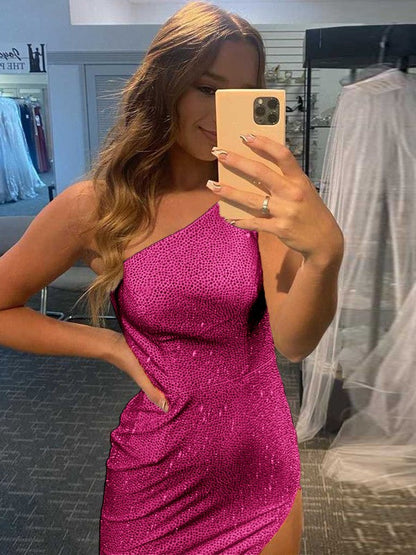 Easily Adored Sheath Sequins Ruched One-Shoulder Sleeveless Sweep/Brush Train Prom Dress