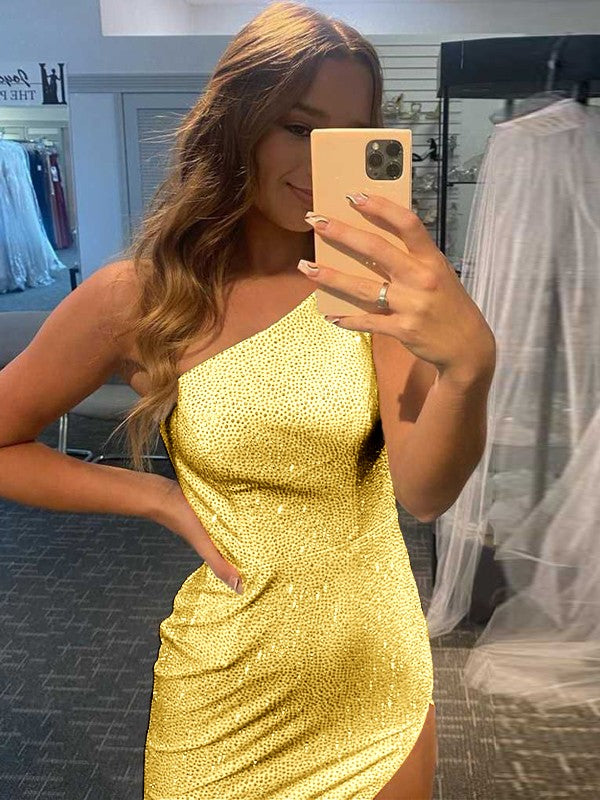 Easily Adored Sheath Sequins Ruched One-Shoulder Sleeveless Sweep/Brush Train Prom Dress