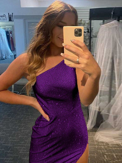 Easily Adored Sheath Sequins Ruched One-Shoulder Sleeveless Sweep/Brush Train Prom Dress