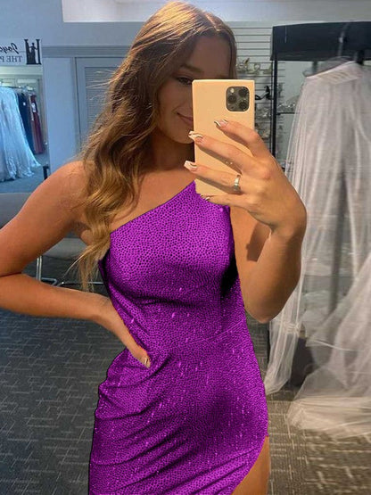 Easily Adored Sheath Sequins Ruched One-Shoulder Sleeveless Sweep/Brush Train Prom Dress