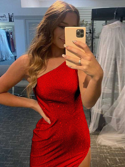 Easily Adored Sheath Sequins Ruched One-Shoulder Sleeveless Sweep/Brush Train Prom Dress