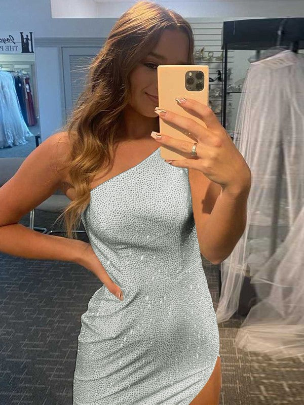 Easily Adored Sheath Sequins Ruched One-Shoulder Sleeveless Sweep/Brush Train Prom Dress