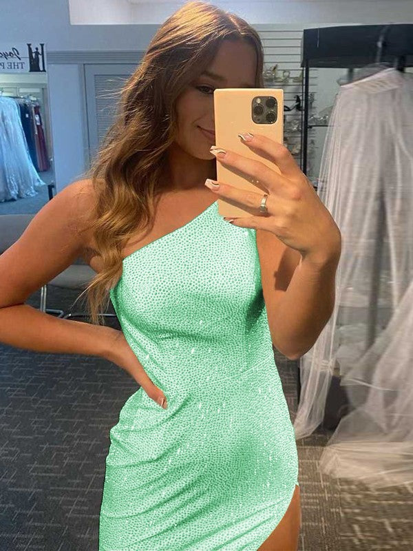 Easily Adored Sheath Sequins Ruched One-Shoulder Sleeveless Sweep/Brush Train Prom Dress