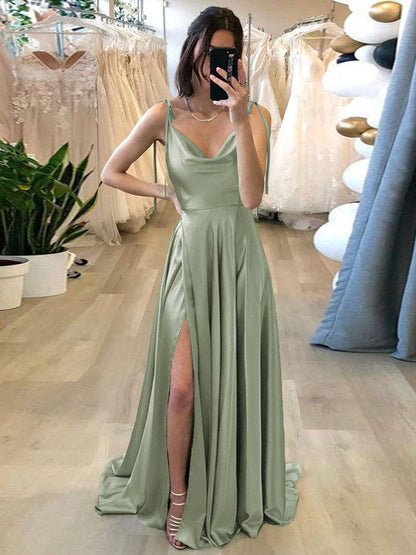 Stylish Refresh Princess Style Silk like Satin Ruffles Spaghetti Straps Sleeveless Sweep/Brush Train Prom Dress