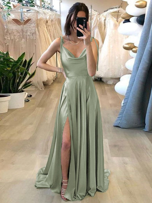 Stylish Refresh Princess Style Silk like Satin Ruffles Spaghetti Straps Sleeveless Sweep/Brush Train Prom Dress