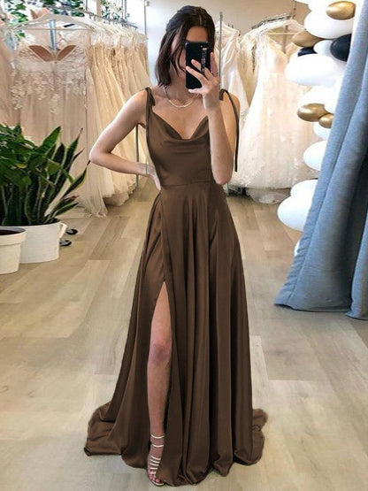 Stylish Refresh Princess Style Silk like Satin Ruffles Spaghetti Straps Sleeveless Sweep/Brush Train Prom Dress