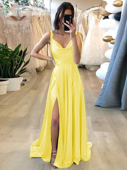 Stylish Refresh Princess Style Silk like Satin Ruffles Spaghetti Straps Sleeveless Sweep/Brush Train Prom Dress