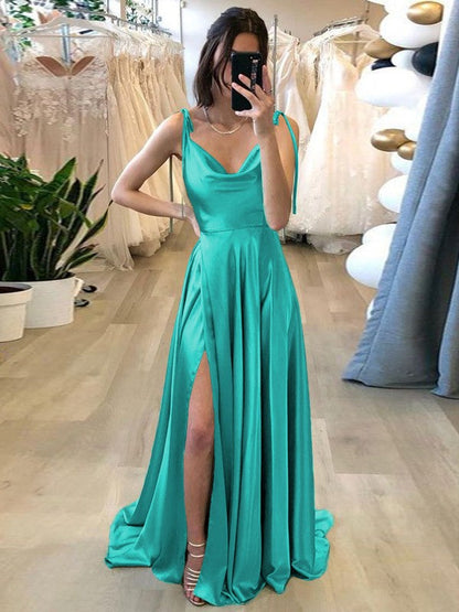 Stylish Refresh Princess Style Silk like Satin Ruffles Spaghetti Straps Sleeveless Sweep/Brush Train Prom Dress