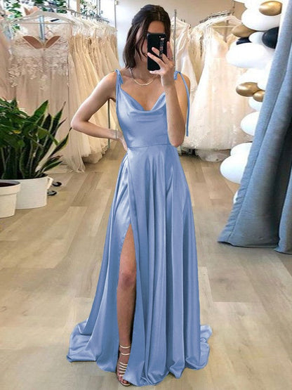 Stylish Refresh Princess Style Silk like Satin Ruffles Spaghetti Straps Sleeveless Sweep/Brush Train Prom Dress