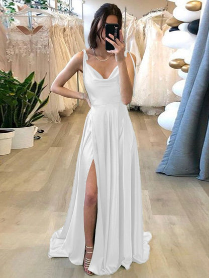 Stylish Refresh Princess Style Silk like Satin Ruffles Spaghetti Straps Sleeveless Sweep/Brush Train Prom Dress