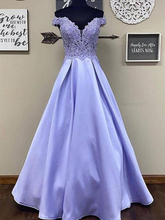 Open to Adoration Princess Style Satin Applique Off-the-Shoulder Sleeveless Floor-Length Prom Dress