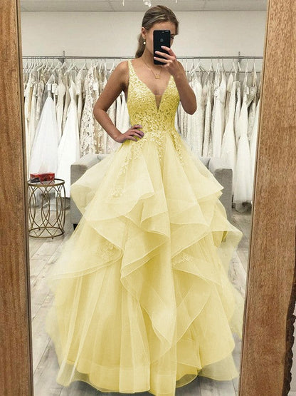 Touch of Texture Princess Style Tulle Applique V-neck Sleeveless Floor-Length Corset Prom Dress