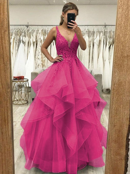 Touch of Texture Princess Style Tulle Applique V-neck Sleeveless Floor-Length Corset Prom Dress