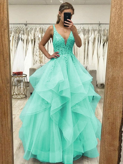 Touch of Texture Princess Style Tulle Applique V-neck Sleeveless Floor-Length Corset Prom Dress