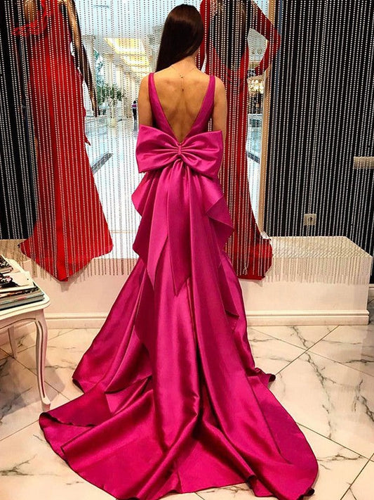 Voiced Vivacity Princess Style Satin Bowknot V-neck Sleeveless Court Train Prom Dress