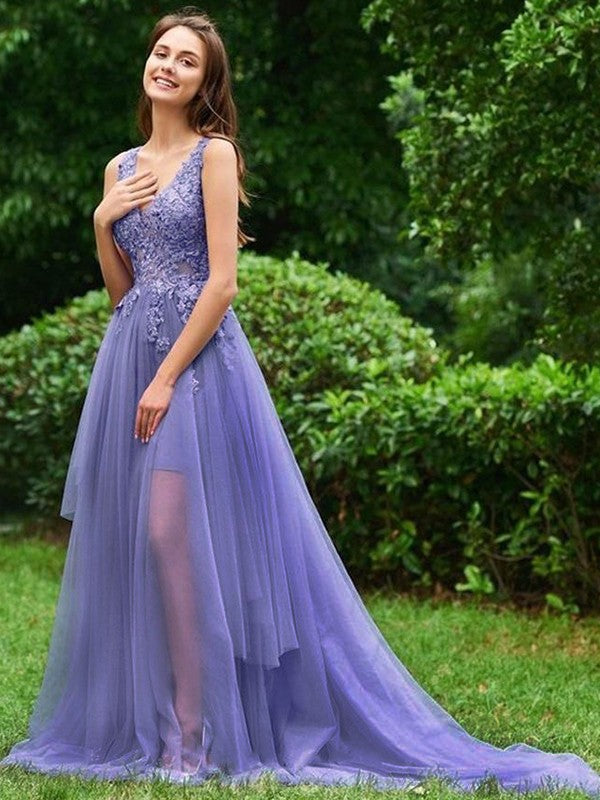 Limitless Looks Princess Style Tulle Applique V-neck Sleeveless Sweep/Brush Train Prom Dress