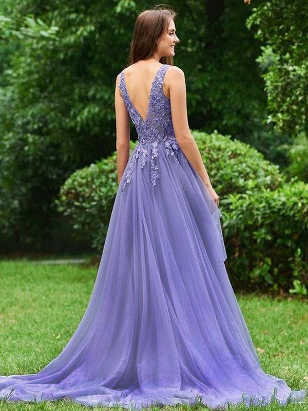 Limitless Looks Princess Style Tulle Applique V-neck Sleeveless Sweep/Brush Train Prom Dress