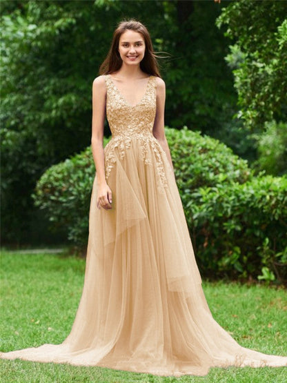 Limitless Looks Princess Style Tulle Applique V-neck Sleeveless Sweep/Brush Train Prom Dress