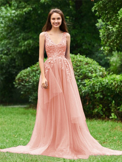 Limitless Looks Princess Style Tulle Applique V-neck Sleeveless Sweep/Brush Train Prom Dress