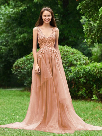 Limitless Looks Princess Style Tulle Applique V-neck Sleeveless Sweep/Brush Train Prom Dress