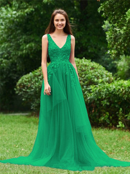 Limitless Looks Princess Style Tulle Applique V-neck Sleeveless Sweep/Brush Train Prom Dress