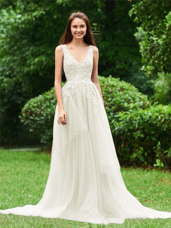 Limitless Looks Princess Style Tulle Applique V-neck Sleeveless Sweep/Brush Train Prom Dress