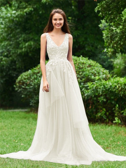 Limitless Looks Princess Style Tulle Applique V-neck Sleeveless Sweep/Brush Train Prom Dress