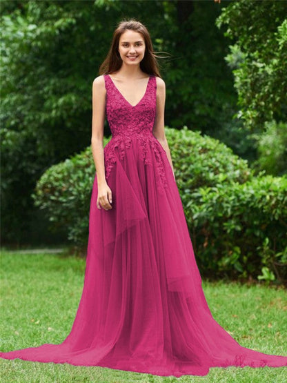 Limitless Looks Princess Style Tulle Applique V-neck Sleeveless Sweep/Brush Train Prom Dress