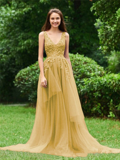 Limitless Looks Princess Style Tulle Applique V-neck Sleeveless Sweep/Brush Train Prom Dress
