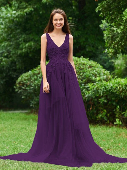 Limitless Looks Princess Style Tulle Applique V-neck Sleeveless Sweep/Brush Train Prom Dress