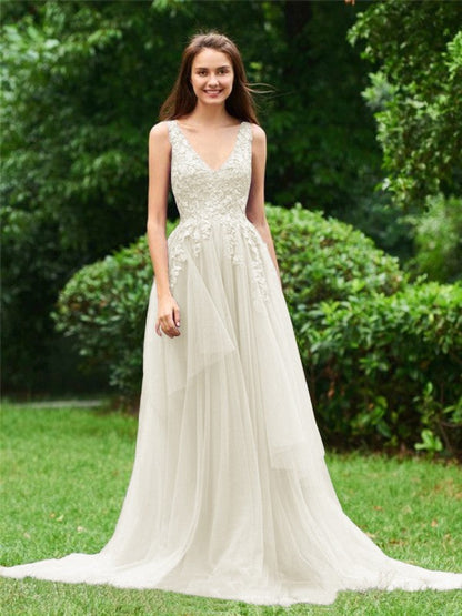 Limitless Looks Princess Style Tulle Applique V-neck Sleeveless Sweep/Brush Train Prom Dress