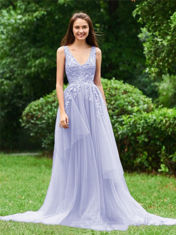 Limitless Looks Princess Style Tulle Applique V-neck Sleeveless Sweep/Brush Train Prom Dress
