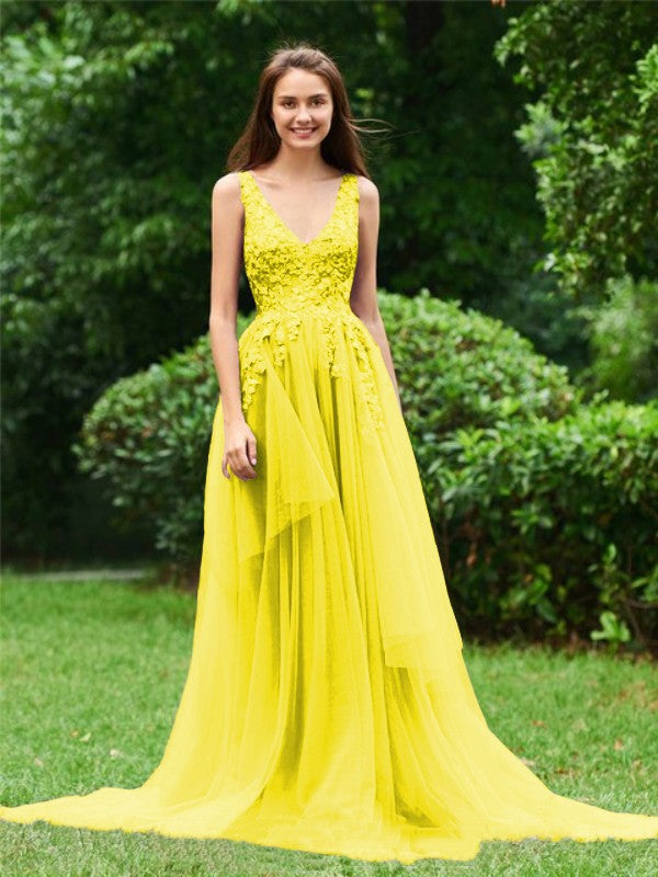 Limitless Looks Princess Style Tulle Applique V-neck Sleeveless Sweep/Brush Train Prom Dress