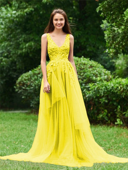 Limitless Looks Princess Style Tulle Applique V-neck Sleeveless Sweep/Brush Train Prom Dress
