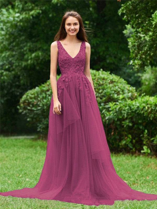 Limitless Looks Princess Style Tulle Applique V-neck Sleeveless Sweep/Brush Train Prom Dress