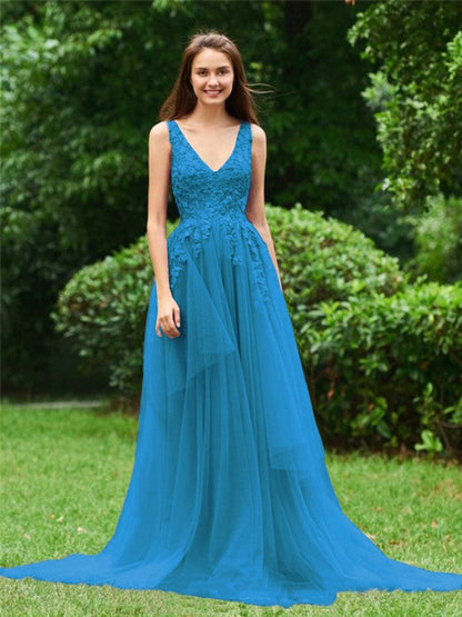 Limitless Looks Princess Style Tulle Applique V-neck Sleeveless Sweep/Brush Train Prom Dress