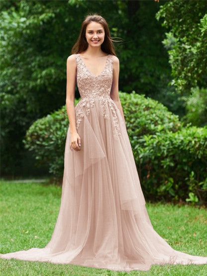 Limitless Looks Princess Style Tulle Applique V-neck Sleeveless Sweep/Brush Train Prom Dress