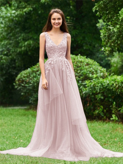 Limitless Looks Princess Style Tulle Applique V-neck Sleeveless Sweep/Brush Train Prom Dress